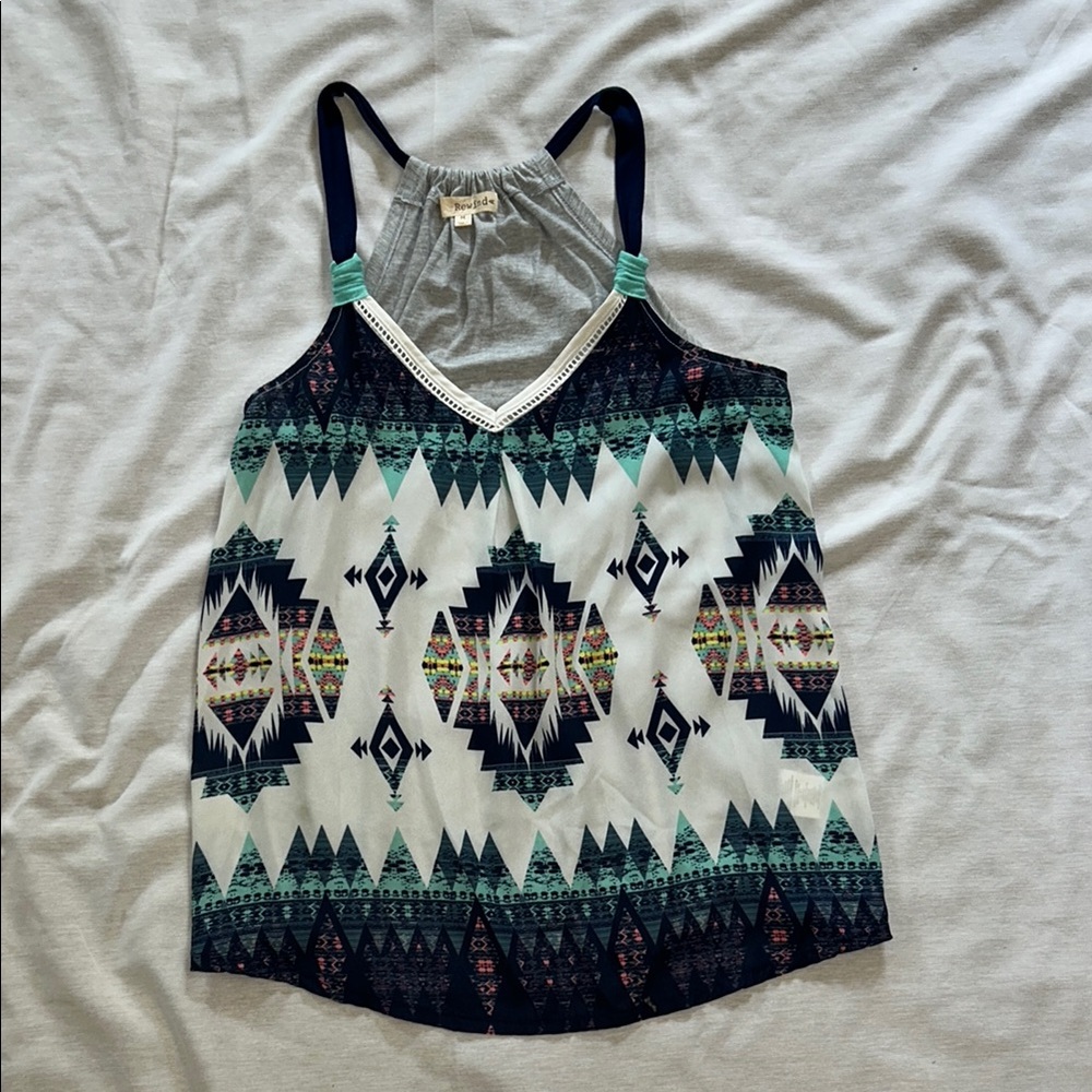 Blue and Aqua Sheer front Cotton back Aztec Camisole Top